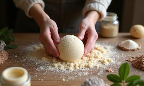 Artisan shaping bath bomb with natural ingredients on wooden table