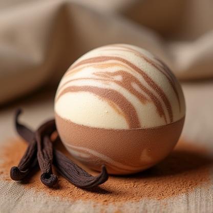 Brown and cream swirled bath bomb beside vanilla pods