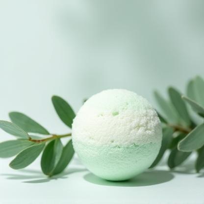 White and green bath bomb next to eucalyptus sprigs