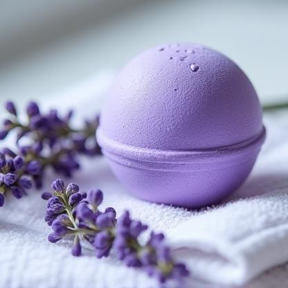 Purple bath bomb with sprigs of lavender on a towel