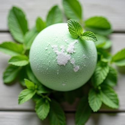 Green and white bath bomb with mint leaves