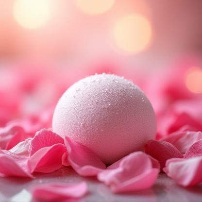 Pink and white bath bomb surrounded by rose petals