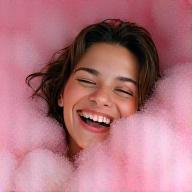 Instagram user smiling in bath with pink swirls