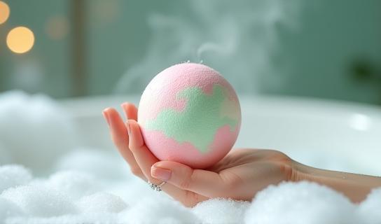 Hand holding a vibrant bath bomb above a tub with lush bubbles